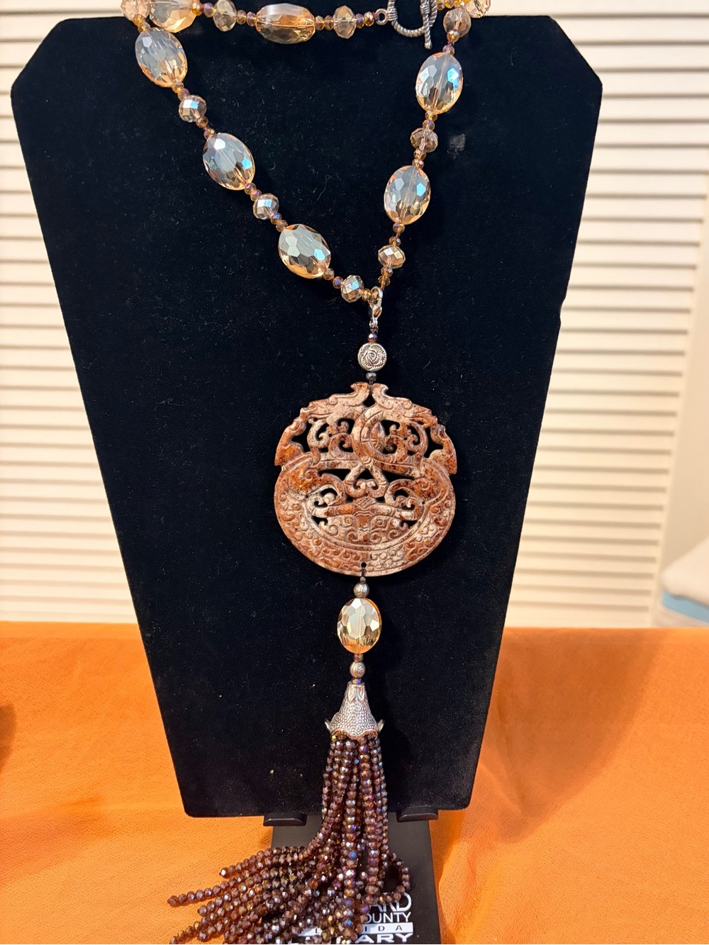 Carved Circular Stone Pendant Tassel Necklace - Brown and Gold